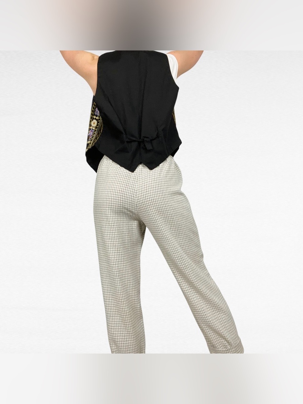 VINTAGE Briggs New York Beige Taupe Micro Plaid High Waist Pull On Flax Pants - Picture 3 of 8